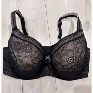 Cacique Lightly Lined Balconette Bra with Lace 40F Black over Nude